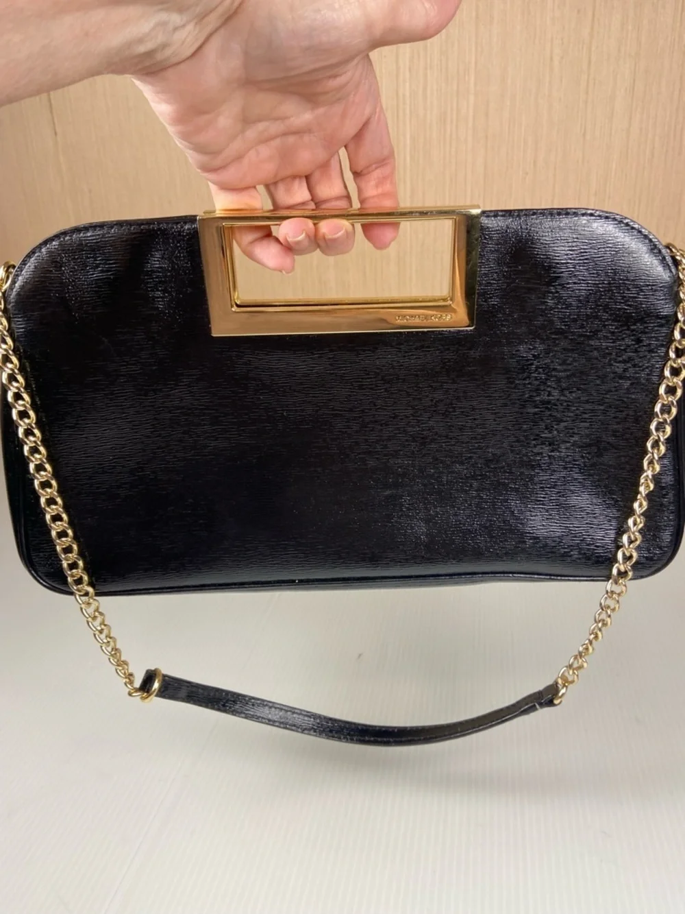 Michael Kors Black Leather Frame Clutch Gold Bar Handle Evening Bag Chain Strap
